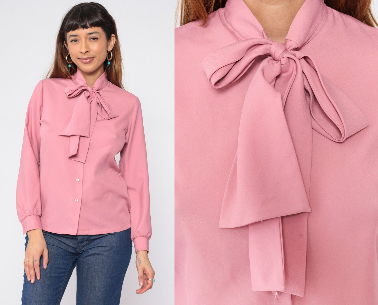 80s Judy Bond Pink Necktie Blouse Long Sleeve Button Up Medium M