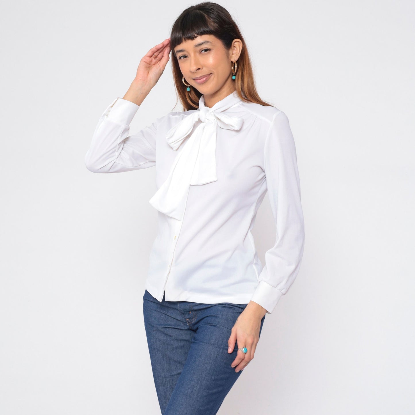 70s White Necktie Blouse Long Sleeve Button Up Ascot Shirt Medium
