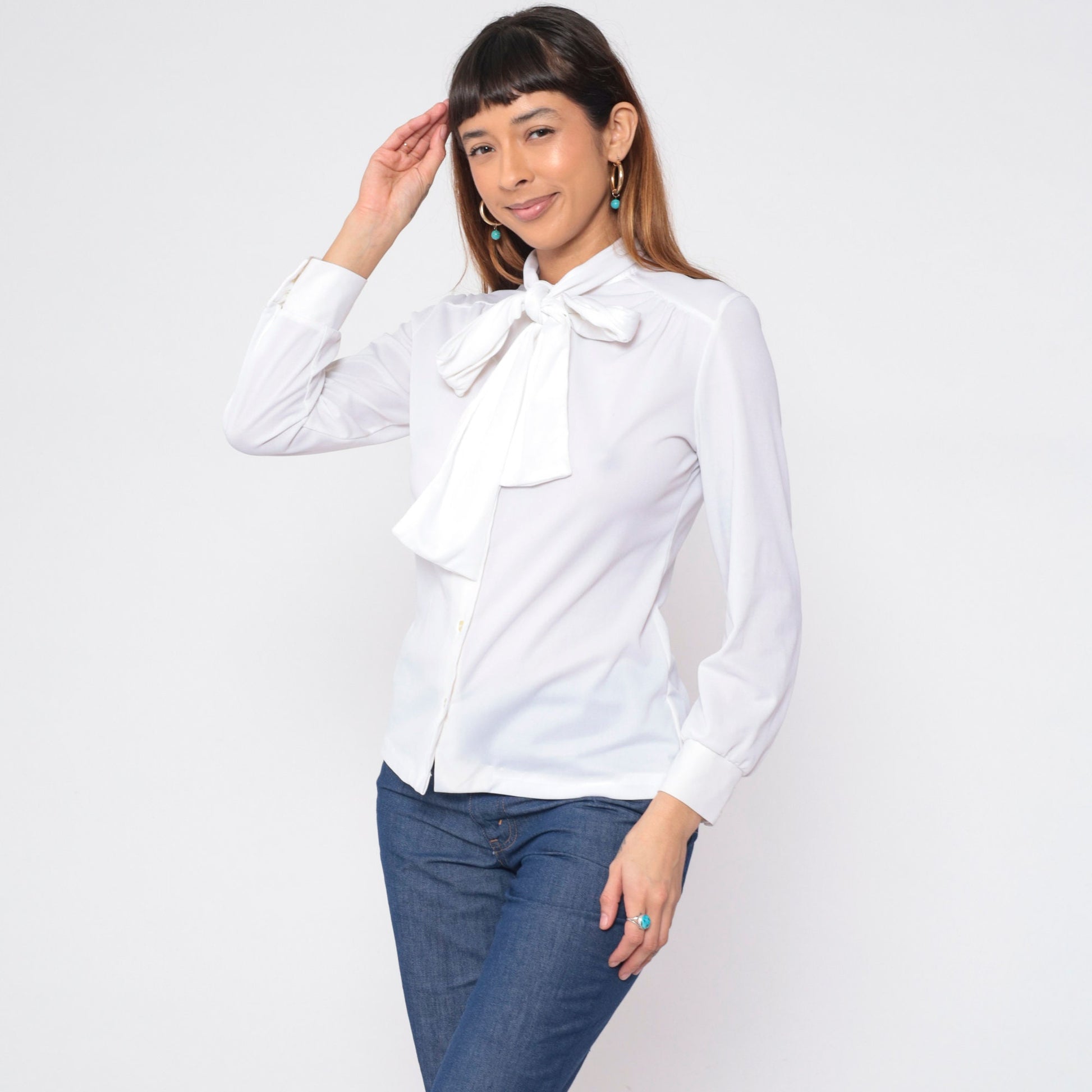 70s White Necktie Blouse Long Sleeve Button Up Ascot Shirt Medium