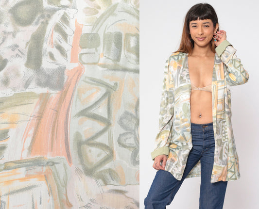 90s Abstract Floral Open Front Jacket Daisy Leaf Print Rayon Medium