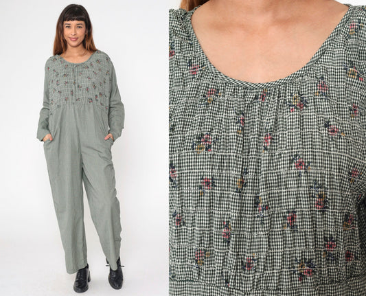 90s Gingham Smocked Floral Jumpsuit Long Sleeve Straight Leg Large