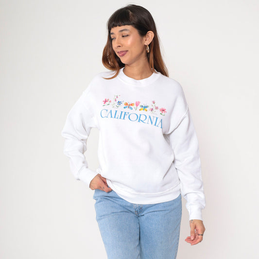 90s California Butterfly Floral Graphic Sweatshirt White Crewneck Small