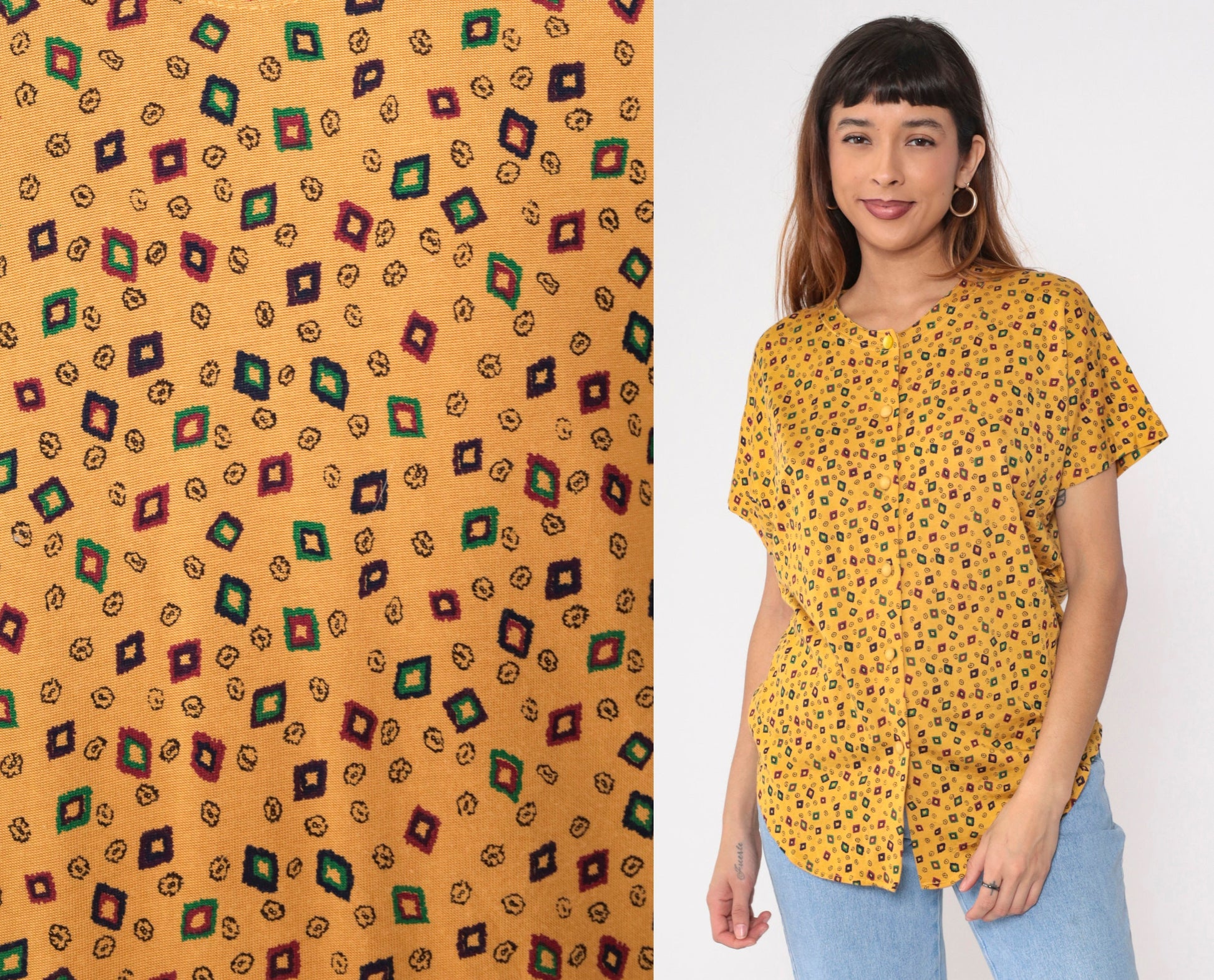 90s Yellow Geometric Diamond Print Button-Up Blouse Short Sleeve Medium