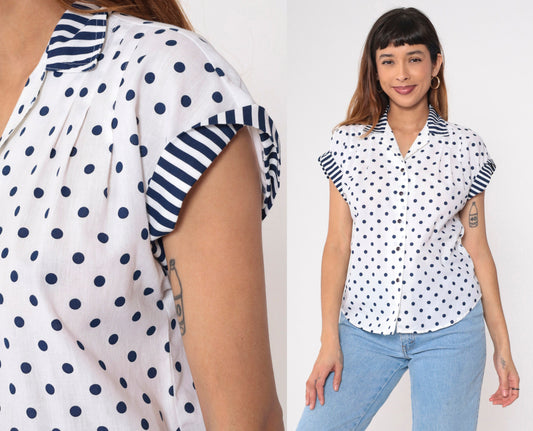 80s White Navy Polka Dot Button-Up Blouse Striped Collar Cap Sleeve Medium