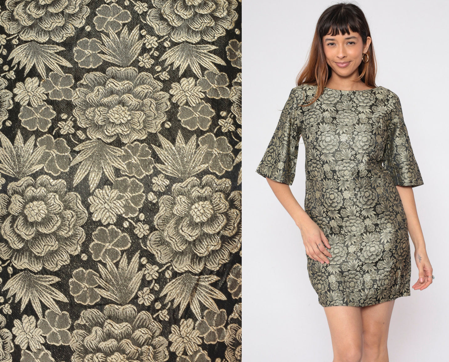 60s Gold Brocade Floral Mini Dress Bell Sleeve Shift Small S
