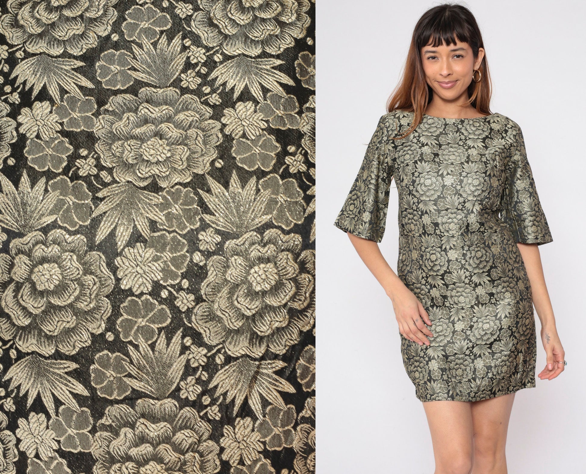 60s Gold Brocade Floral Mini Dress Bell Sleeve Shift Small S