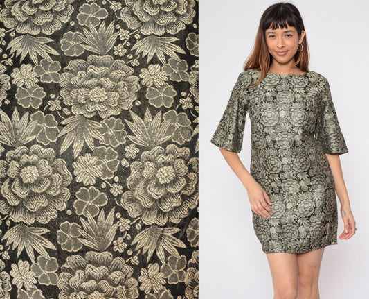 60s Gold Brocade Floral Mini Dress Bell Sleeve Shift Small S