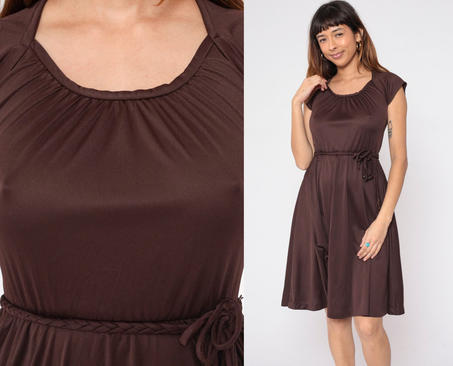 1970s Brown Midi Dress Cap Sleeve High Elastic Waist Braided Belt Extra Small