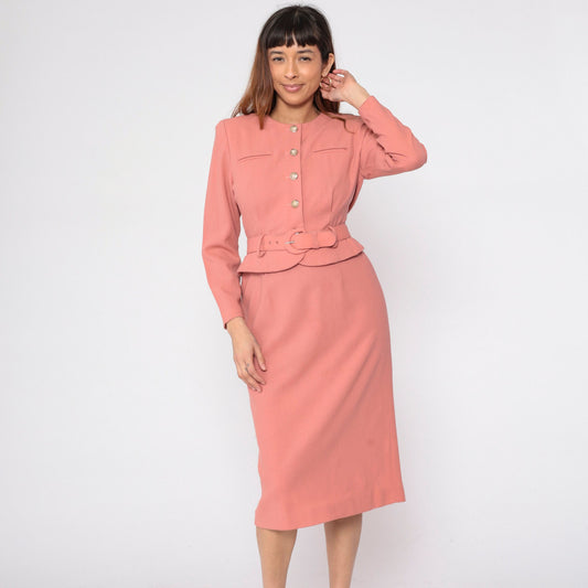 80s Talbots Salmon Pink Secretary Dress Midi Attached Jacket Small
