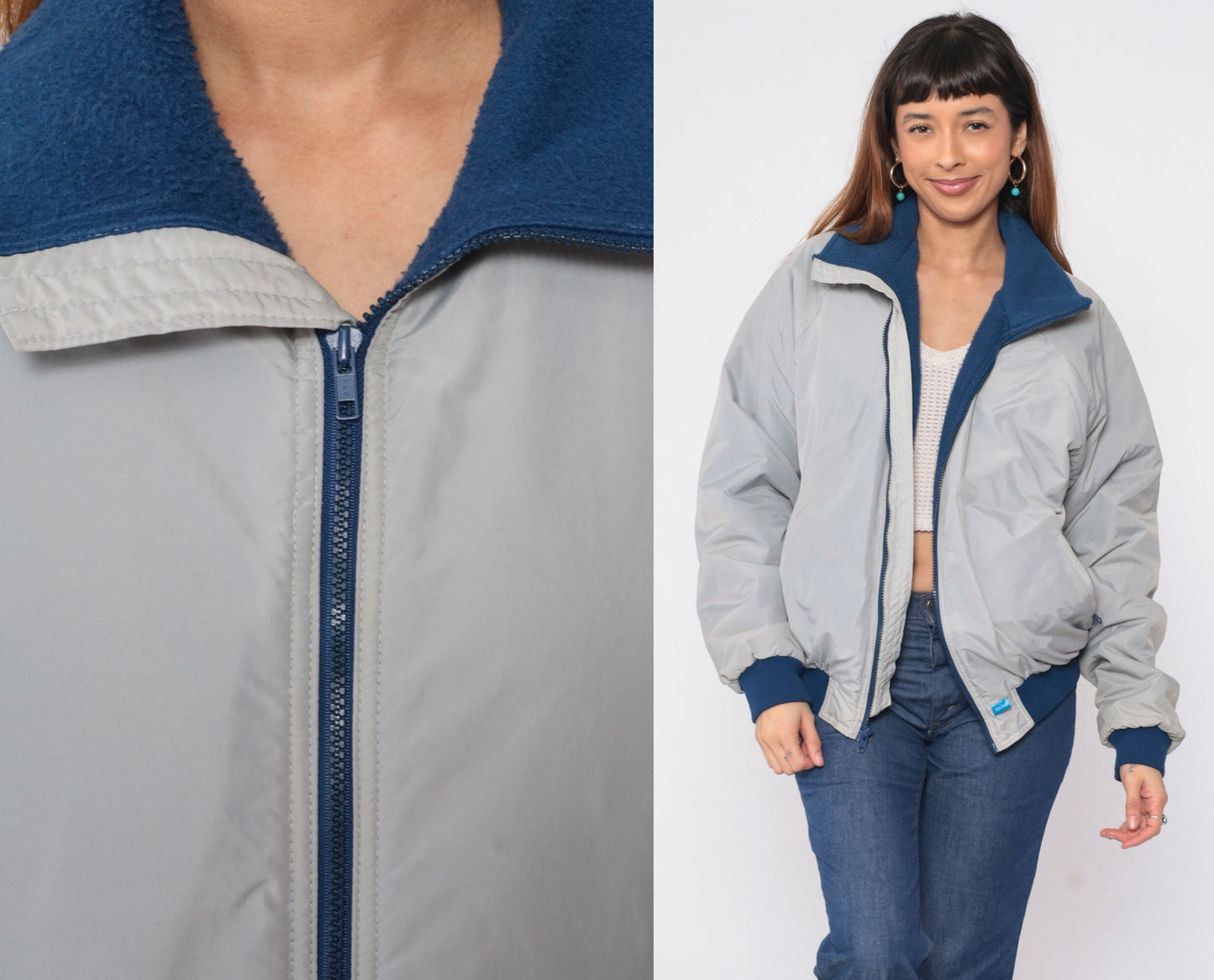 90s Grey Windbreaker Jacket Blue Fleece Lined Raglan Sleeve Large L