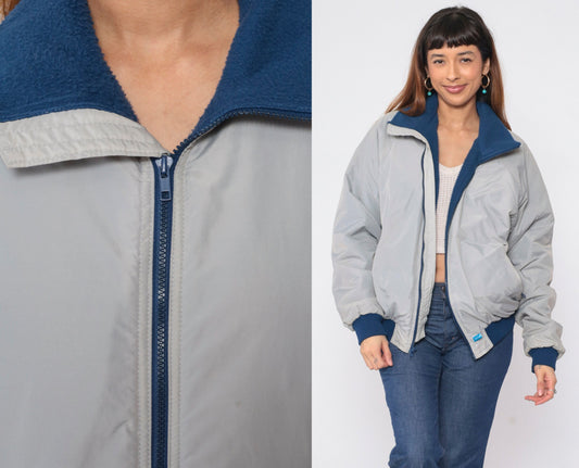 90s Grey Windbreaker Jacket Blue Fleece Lined Raglan Sleeve Large L