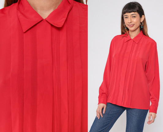 90s Red Pleated Button-Up Blouse Collared Long Sleeve Preppy Large