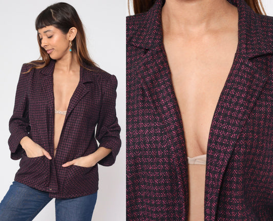 90s Metallic Checkered Blazer Pink Black Open Front Wool Blend Large L
