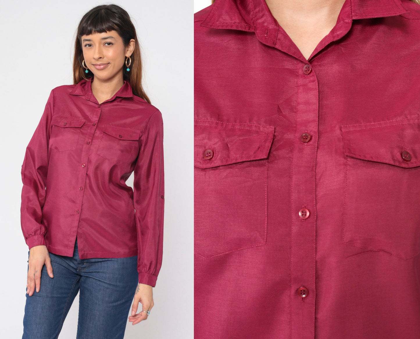 70s Berry Red Button-Up Blouse Long Sleeve Collared Shirt Chest Pockets Small S