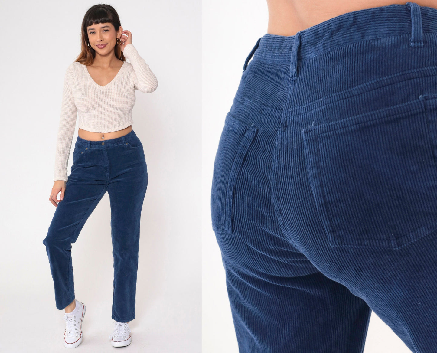 90s Newport News Dark Blue Corduroy High-Waist Tapered Trousers Medium 10