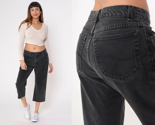 90s Lee Black Denim Straight Leg Jeans High Rise Cropped Men's 33