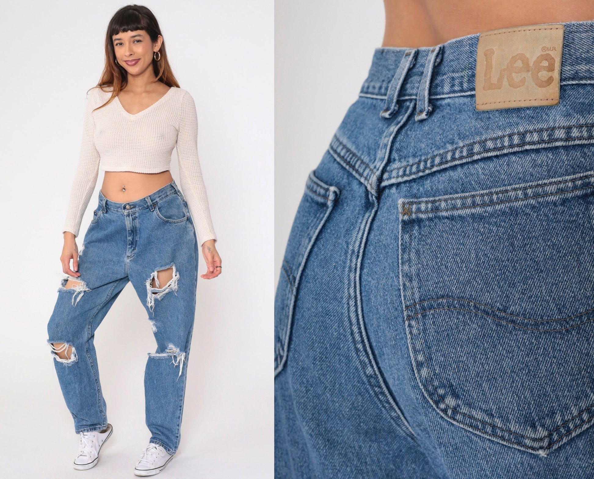90s Lee Ripped Blue Denim High Rise Straight Leg Jeans 32