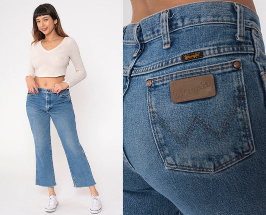 90s Wrangler High Rise Bootcut Jeans Blue Denim Raw Hem Men's 32