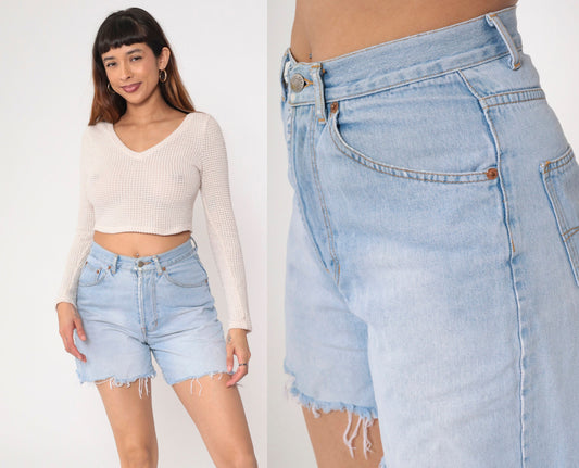 90s Forenza Cutoff Denim Shorts Light Wash High Waisted Frayed Small 6