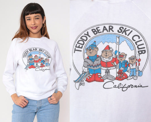 90s Teddy Bear Ski Club California Graphic Sweatshirt White Crewneck Small