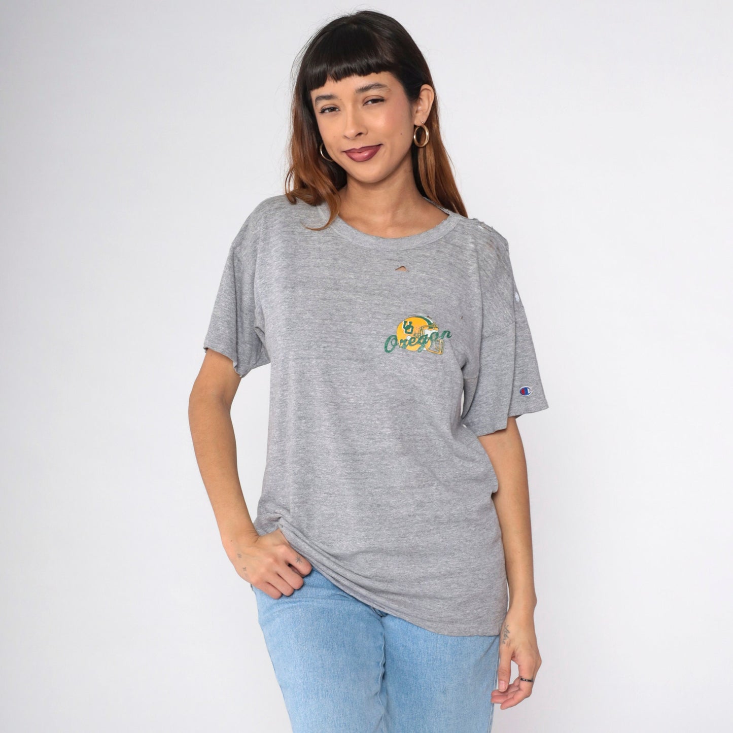80s University of Oregon Champion Football Graphic Tee Grey Distressed Medium
