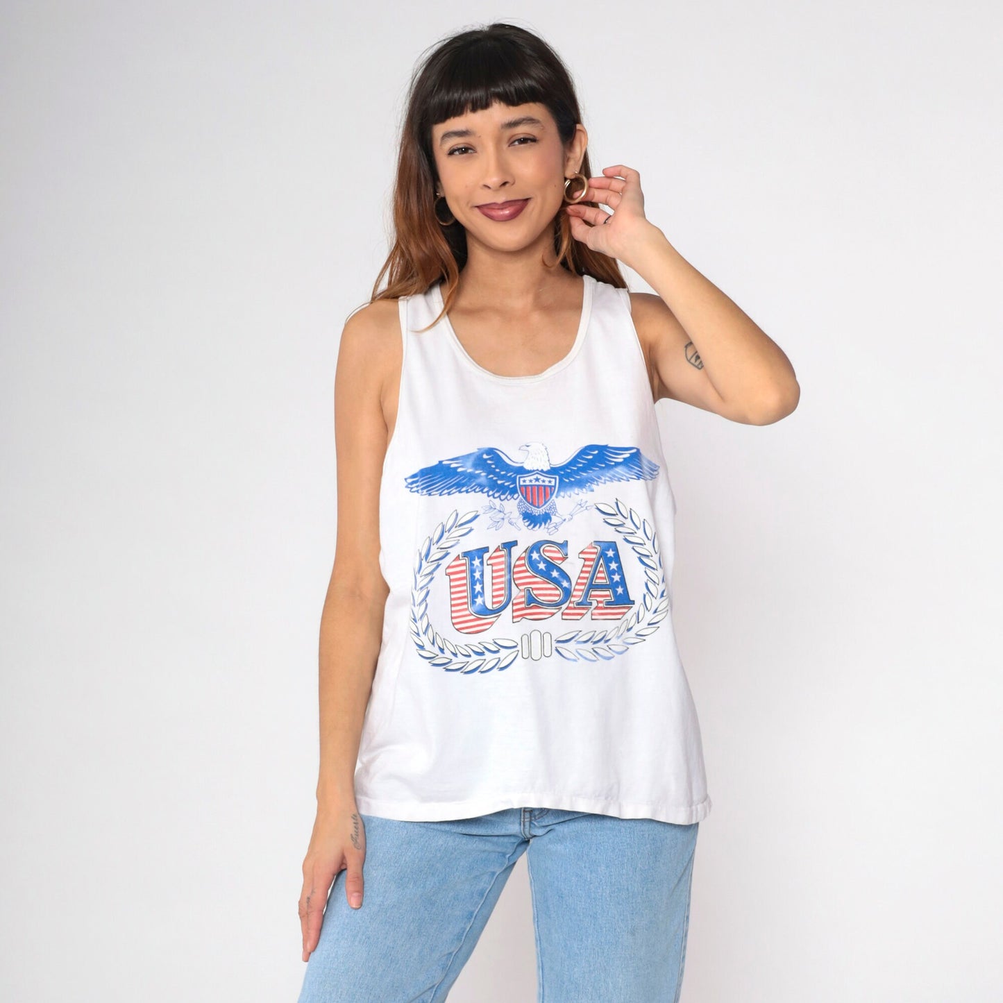 90s USA Eagle Patriotic Tank Top White Graphic Cotton Medium