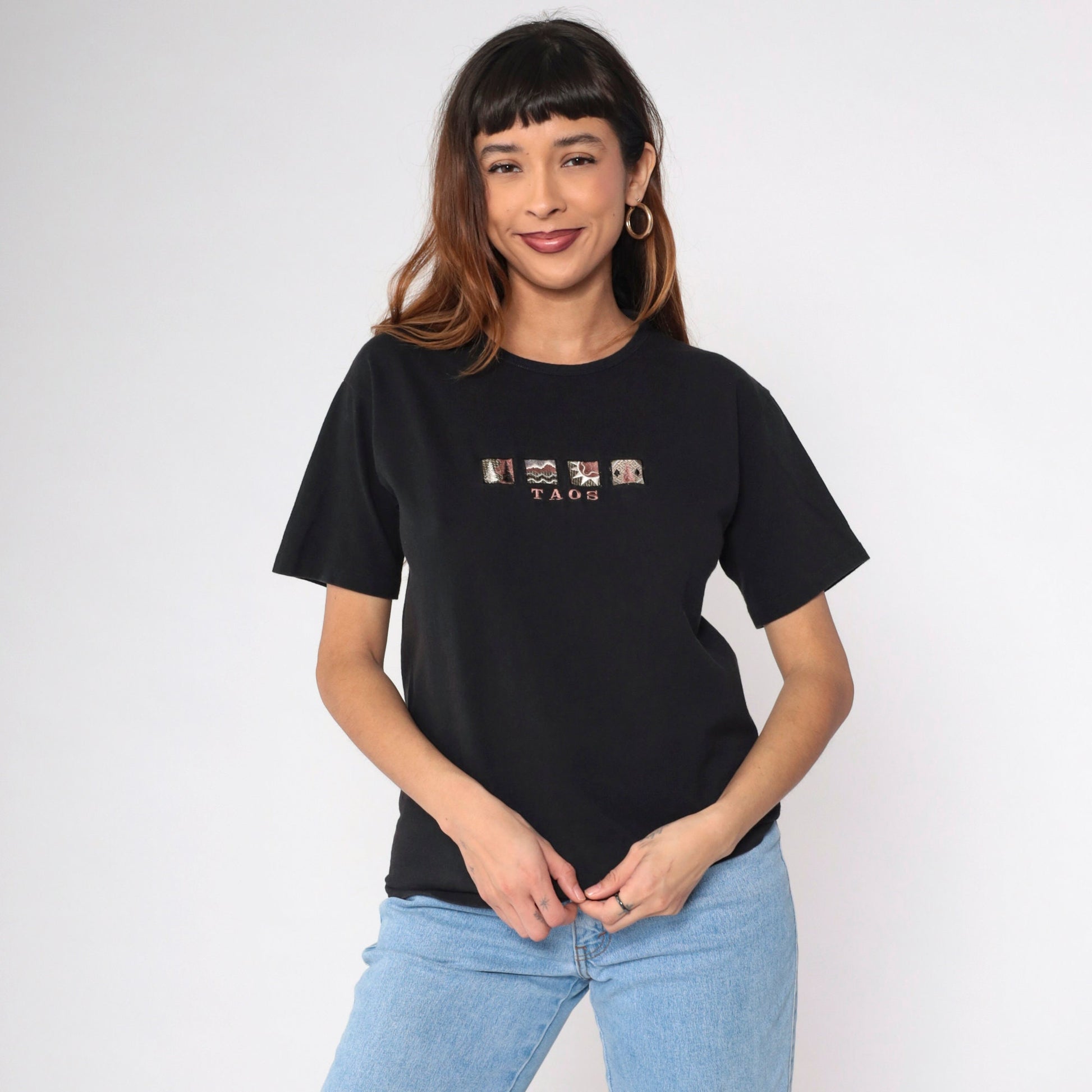 90s Taos New Mexico Graphic T-Shirt Black Embroidered Mountain Sun Medium