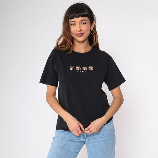 90s Taos New Mexico Graphic T-Shirt Black Embroidered Mountain Sun Medium