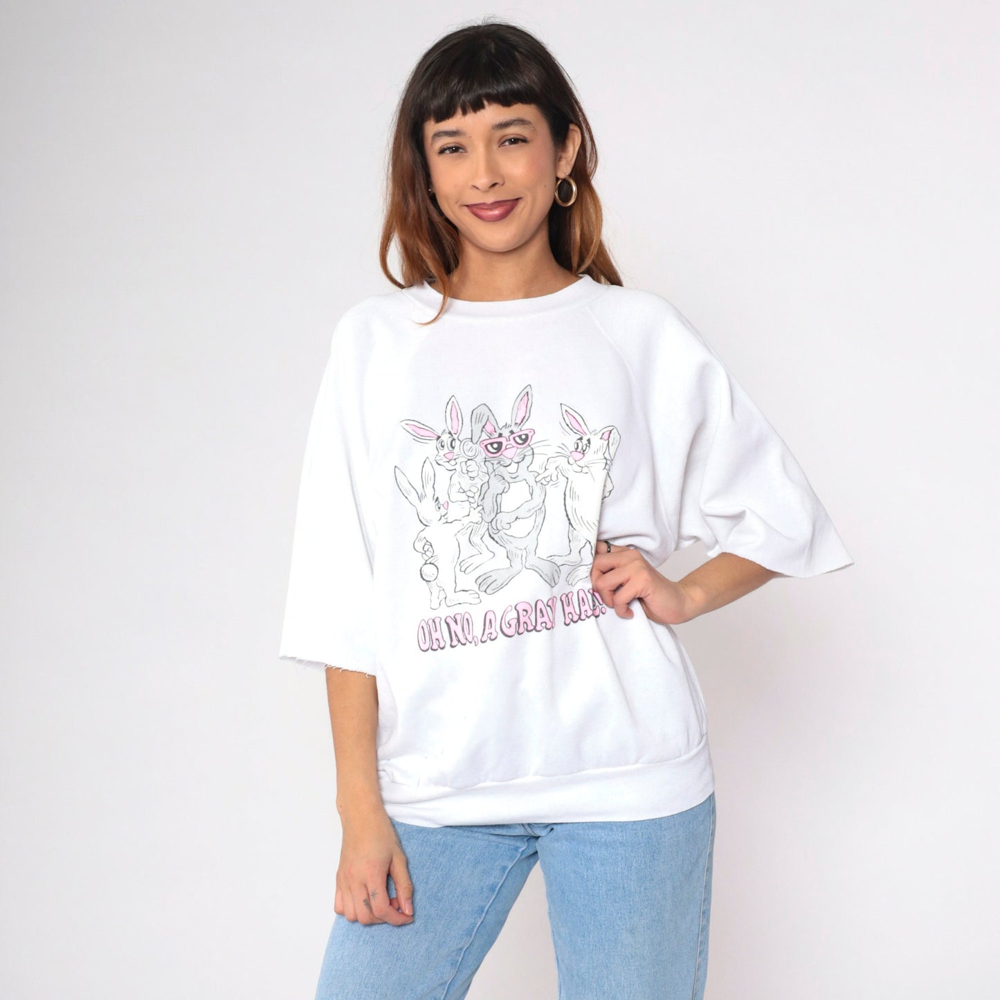 80s Rabbit Pun Sweatshirt Grey Hare Cartoon Bunny Graphic Cutoff Large