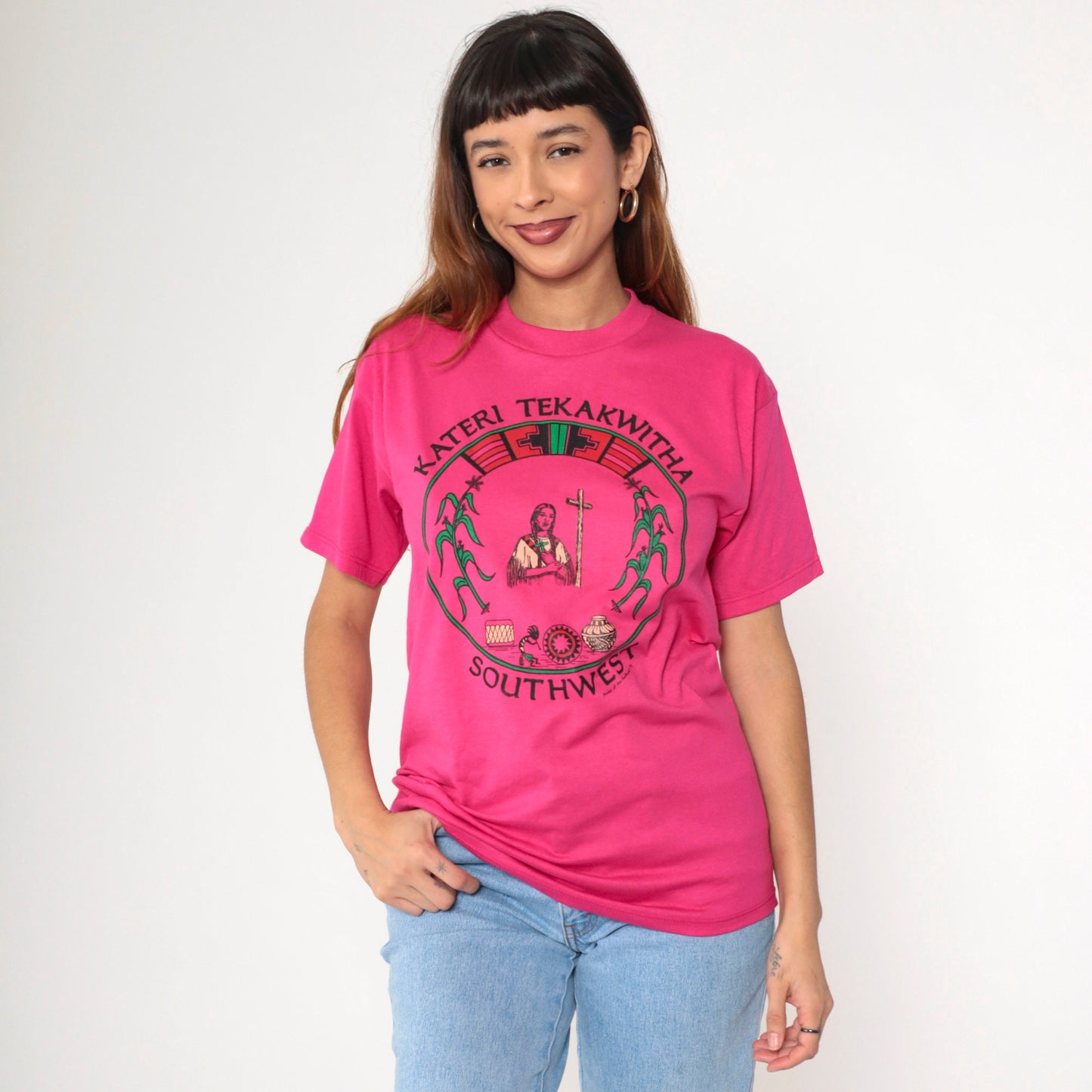 90s Kateri Tekakwitha Native American Saint Graphic T-Shirt Pink Small