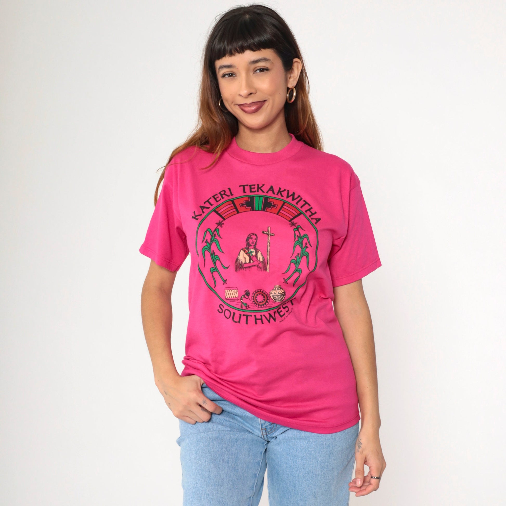 90s Kateri Tekakwitha Native American Saint Graphic T-Shirt Pink Small