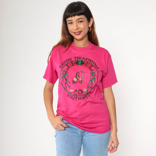 90s Kateri Tekakwitha Native American Saint Graphic T-Shirt Pink Small