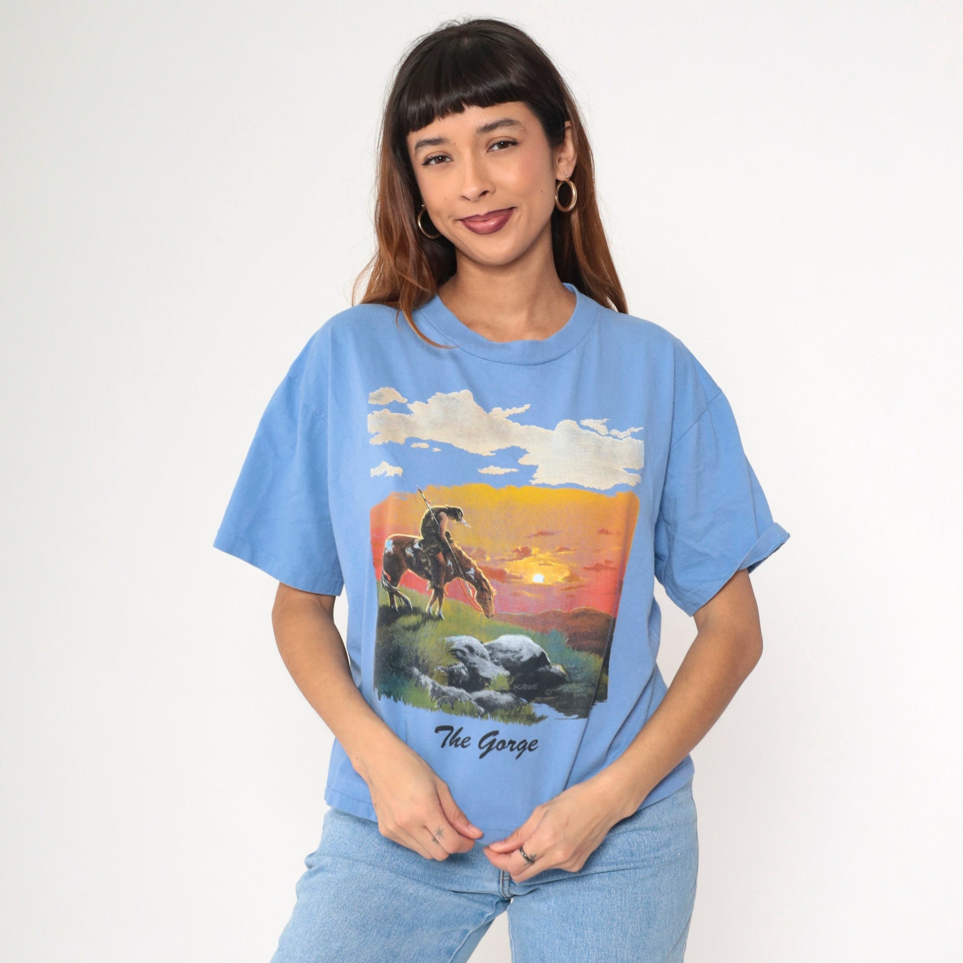 90s End of The Trail Native American Graphic T-Shirt Blue Large L