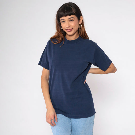 80s Navy Striped Single Stitch T-Shirt Plain Tee Medium