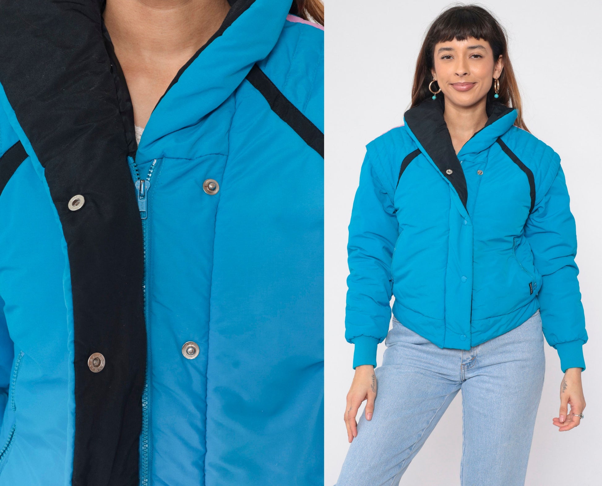 80s Bright Blue Puffer Ski Jacket Convertible Zip-Off Sleeves Vest Extra Small