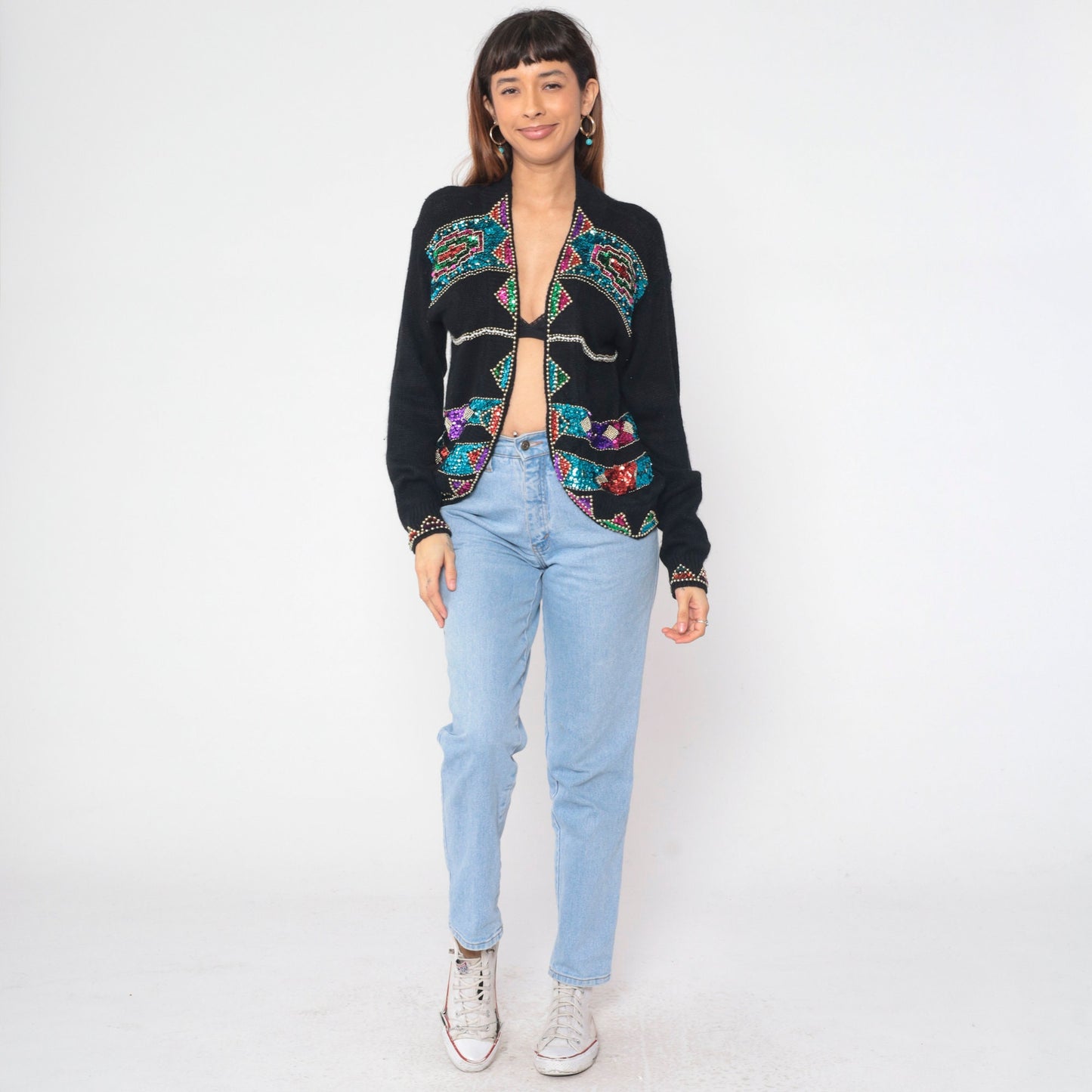 90s Cristina Black Silk Angora Cardigan Sequin Beaded Geometric Small S