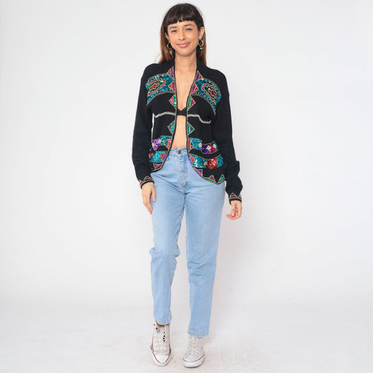 90s Cristina Black Silk Angora Cardigan Sequin Beaded Geometric Small S
