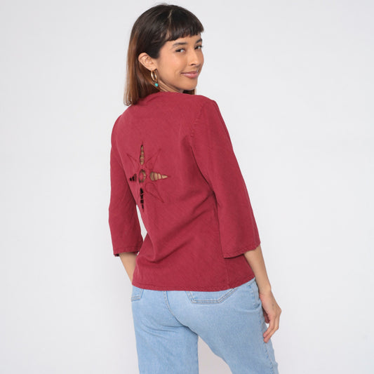 90s Burgundy Cutwork Blouse Floral Long Sleeve Tunic Small