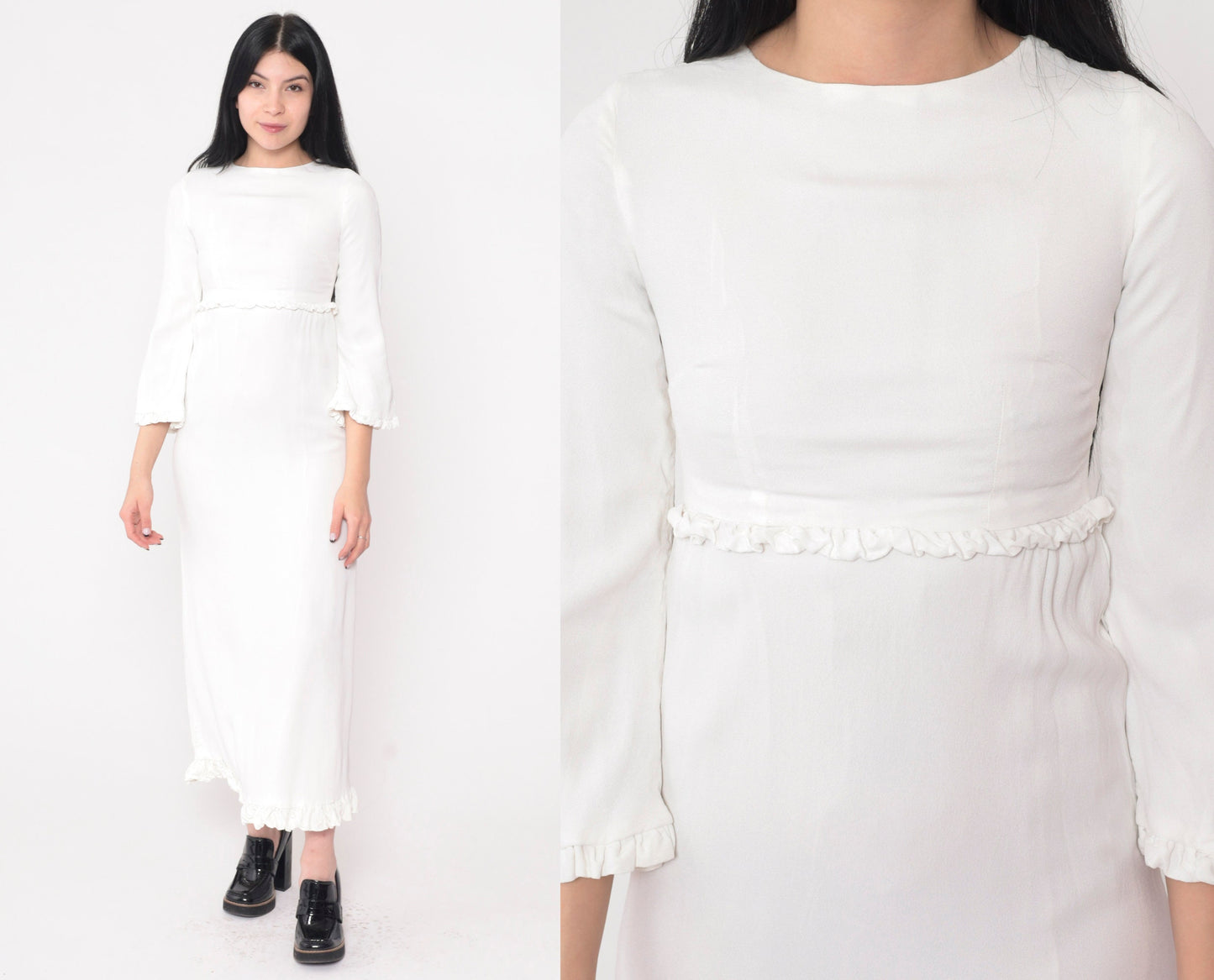 70s White Maxi Dress Empire Waist Bell Sleeve Ruffled Youth 10-12