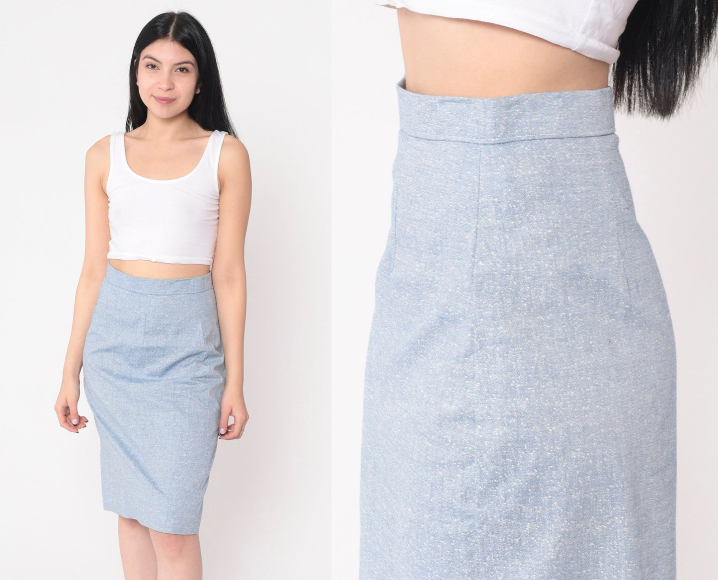 70s Light Blue Flecked Pencil Skirt High Waist Midi Extra Small XS