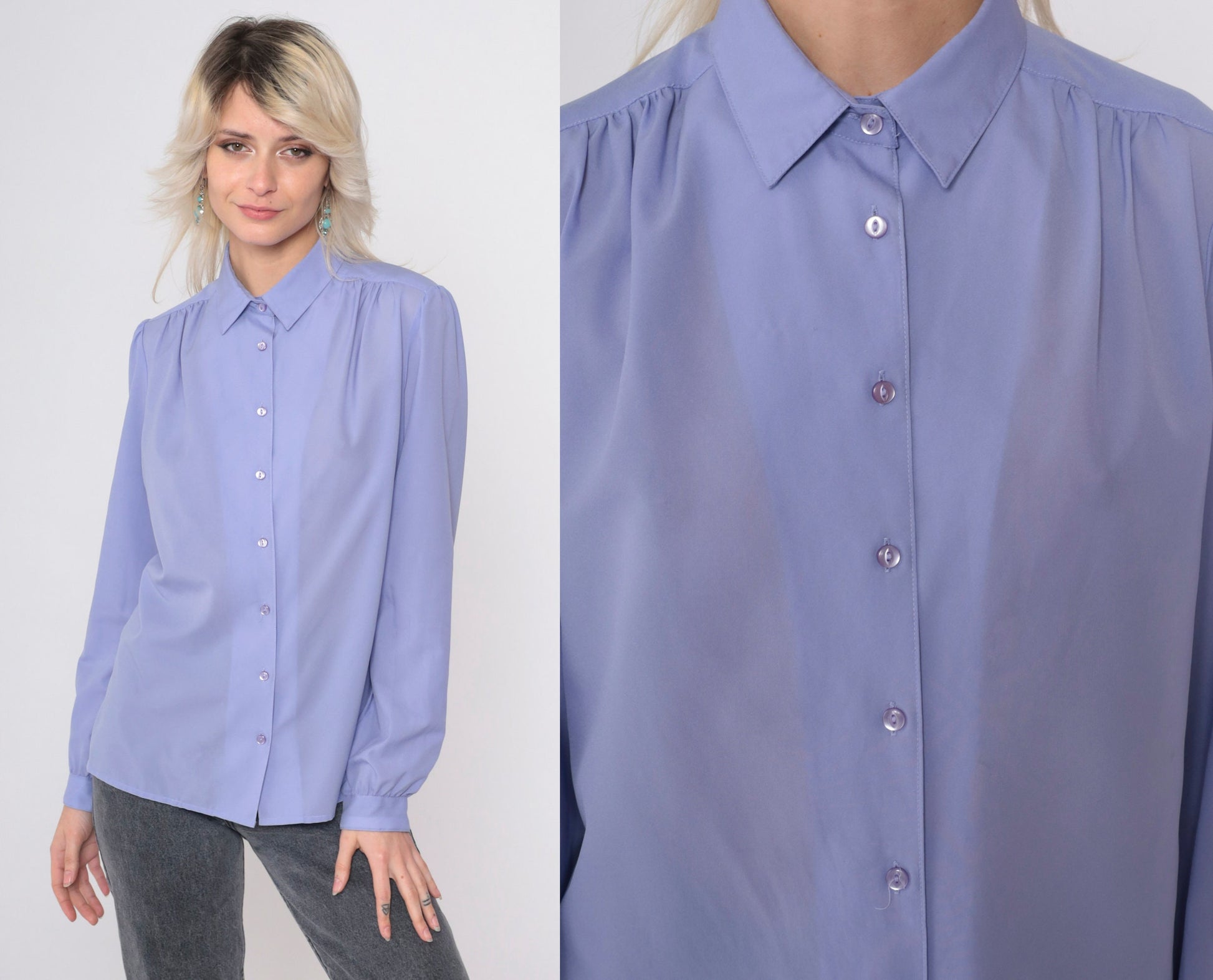 80s Periwinkle Puff Sleeve Button-Up Blouse Collared Shirt Large 14