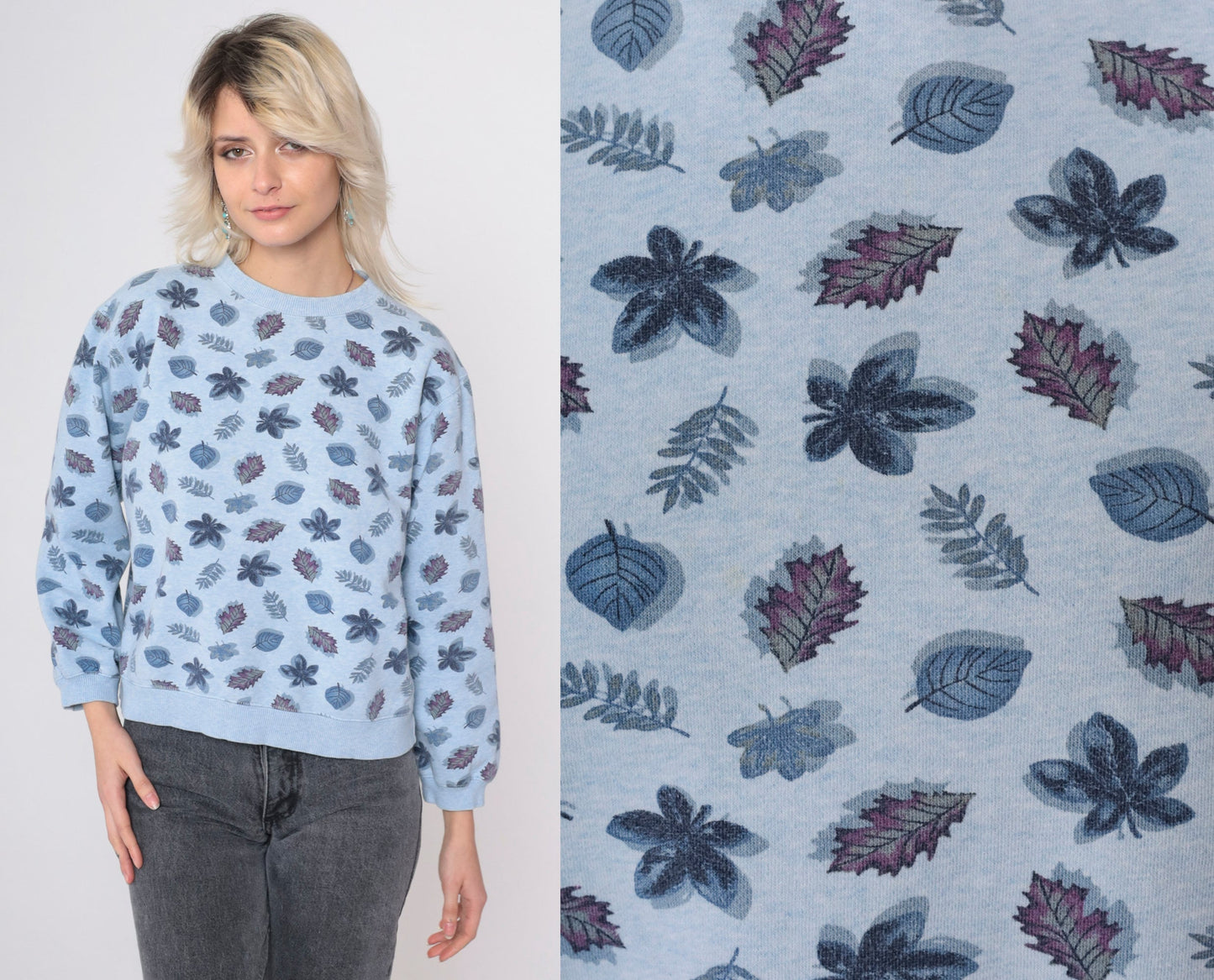 90s Leaf Print Sweatshirt Grey Botanical All Over Crewneck Small