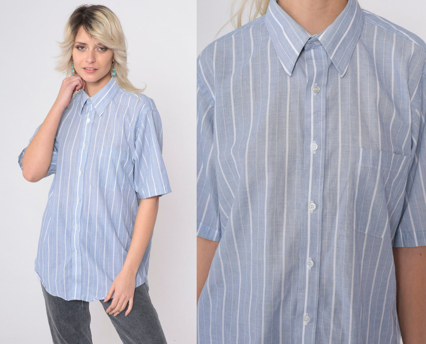 80s Golden Needle Blue Striped Button-Up Shirt Cotton Blend Short Sleeve Medium