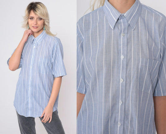 80s Golden Needle Blue Striped Button-Up Shirt Cotton Blend Short Sleeve Medium