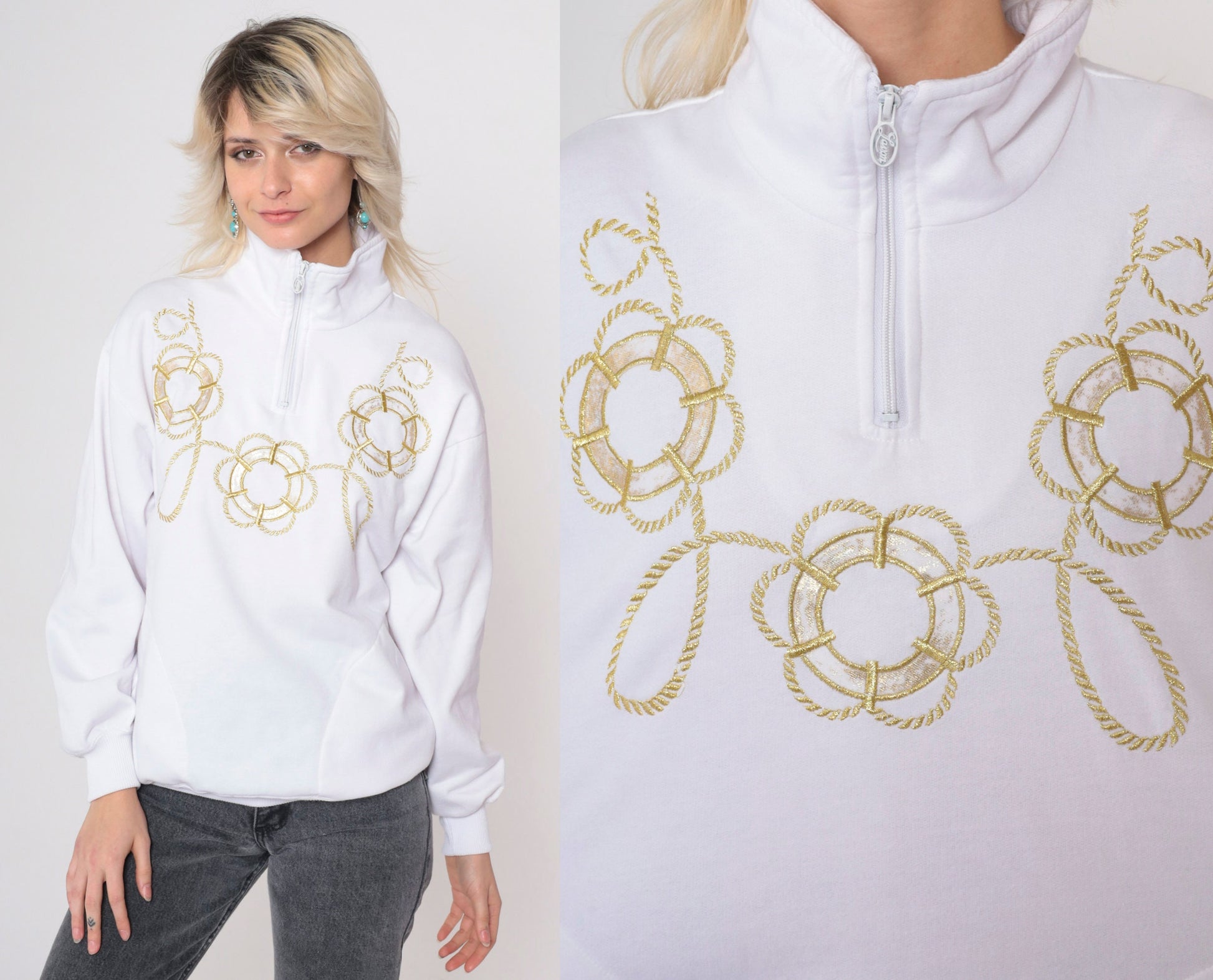 90s Sailor Sweatshirt White Gold Embroidered Lifebuoy Quarter Zip Medium