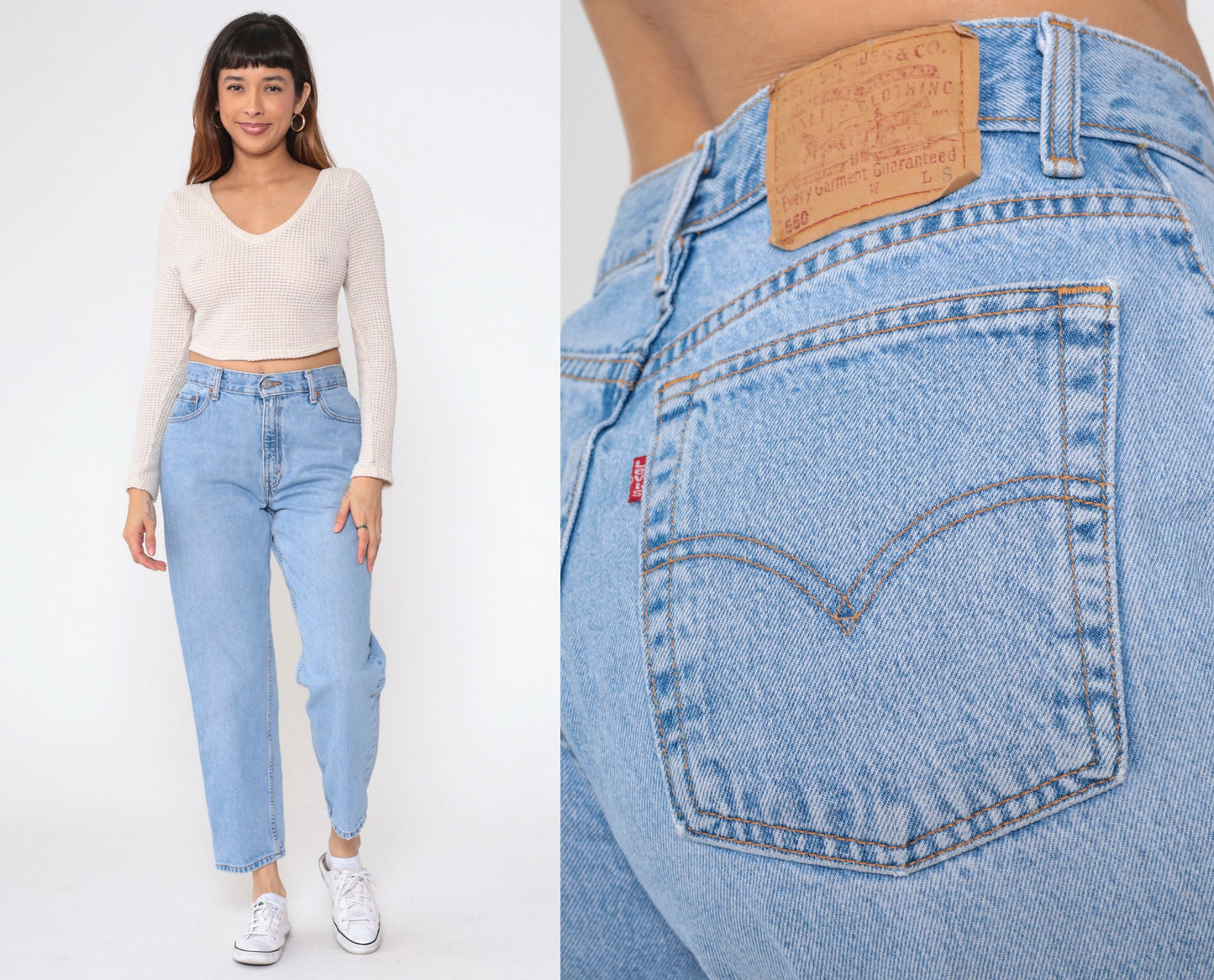 90s Levi's 550 High Waist Tapered Jeans Blue Denim Medium Short