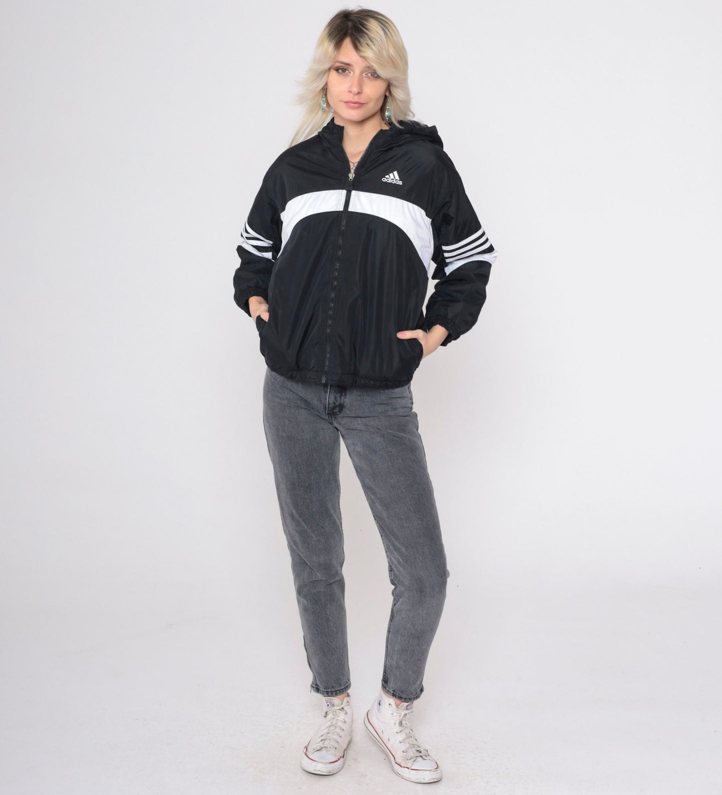 90s Adidas Hooded Windbreaker Black White Striped Nylon Jacket Medium