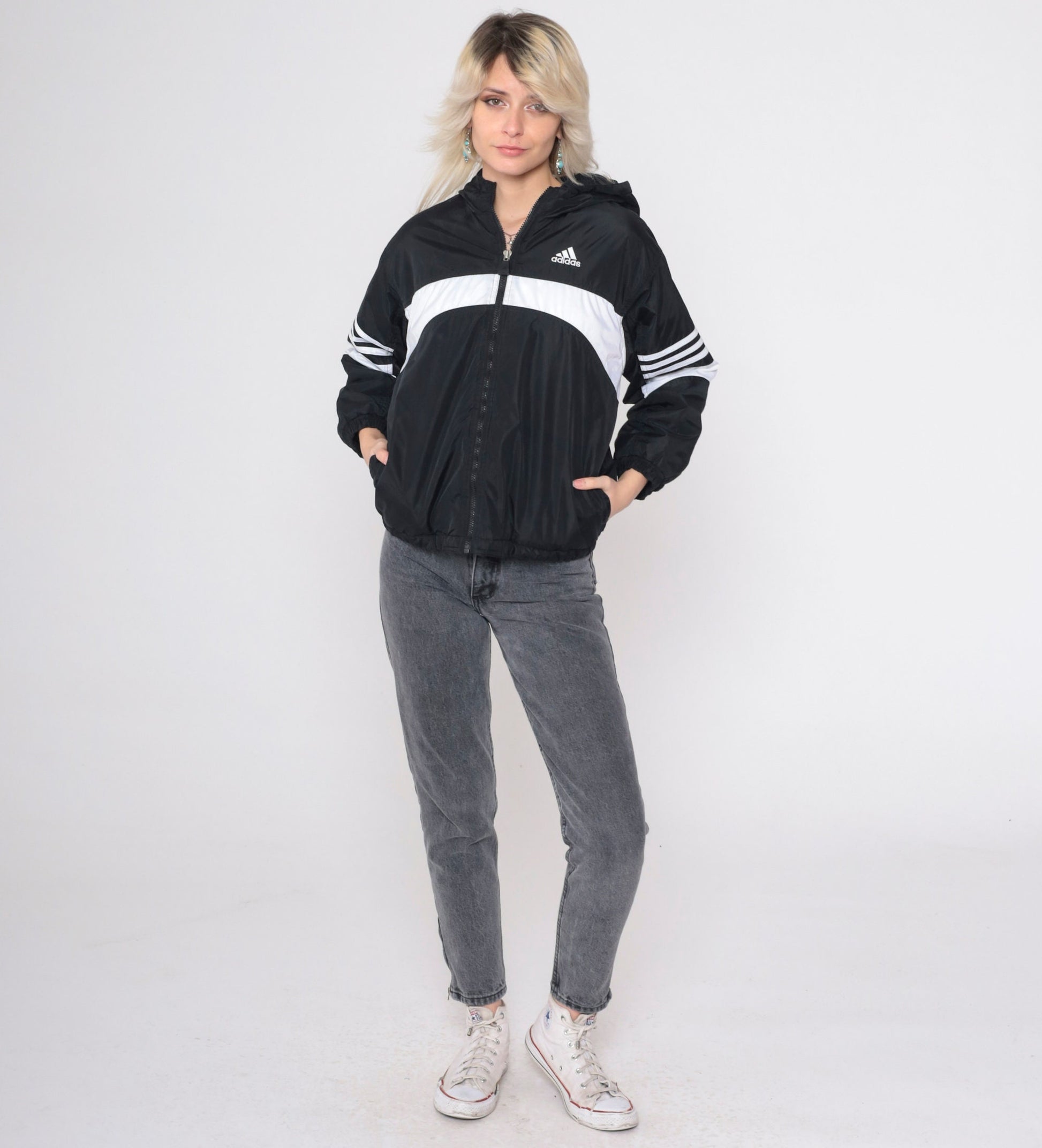 90s Adidas Hooded Windbreaker Black White Striped Nylon Jacket Medium