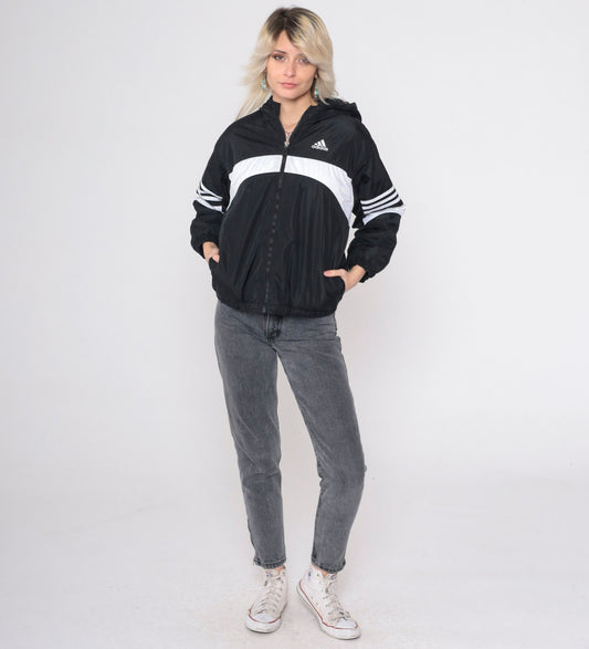 90s Adidas Hooded Windbreaker Black White Striped Nylon Jacket Medium