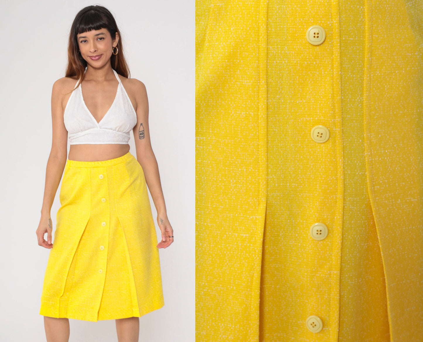 70s Yellow Midi Skirt Button Front High Waist Pleated Flecked Small